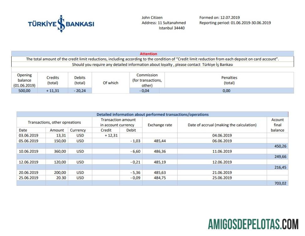 Modelo de comprovante de endereço do Turkey Bankasi Bank para download em formato Word e PDF, totalmente editável